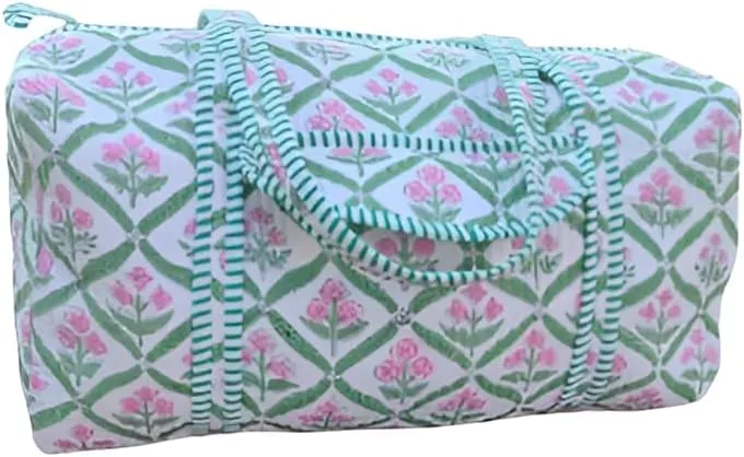100% Cotton Floral Print Quilted Duffle Bags Large Size Beautiful Block Print Weekender Bags Handmade Shoulder Travel Overnight Bag