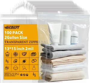 100 Count 2 Gallon Zip Storage Bags 13"×15", Reclosable Food Grade 2mil Plastic Zipper Bags for Storage, Packing and Shipping