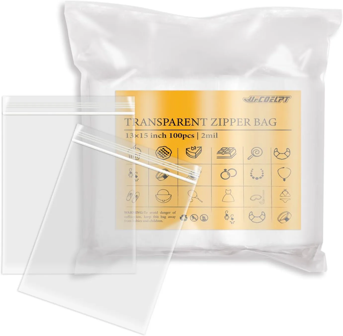 100 Count 2 Gallon Zip Storage Bags 13"×15", Reclosable Food Grade 2mil Plastic Zipper Bags for Storage, Packing and Shipping