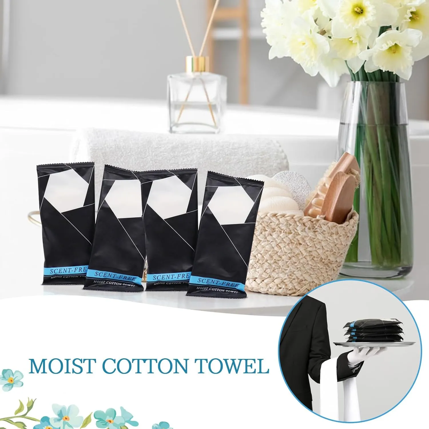 100 Pcs Moist Towel Bulk Moist Towelettes Individually Wrapped,White Towel Services,8.5''x8.5'' Unscented Wet Hand Towels,Disposable Refreshment Pre Moistened Towels for Travel Camping Sport Spa Party