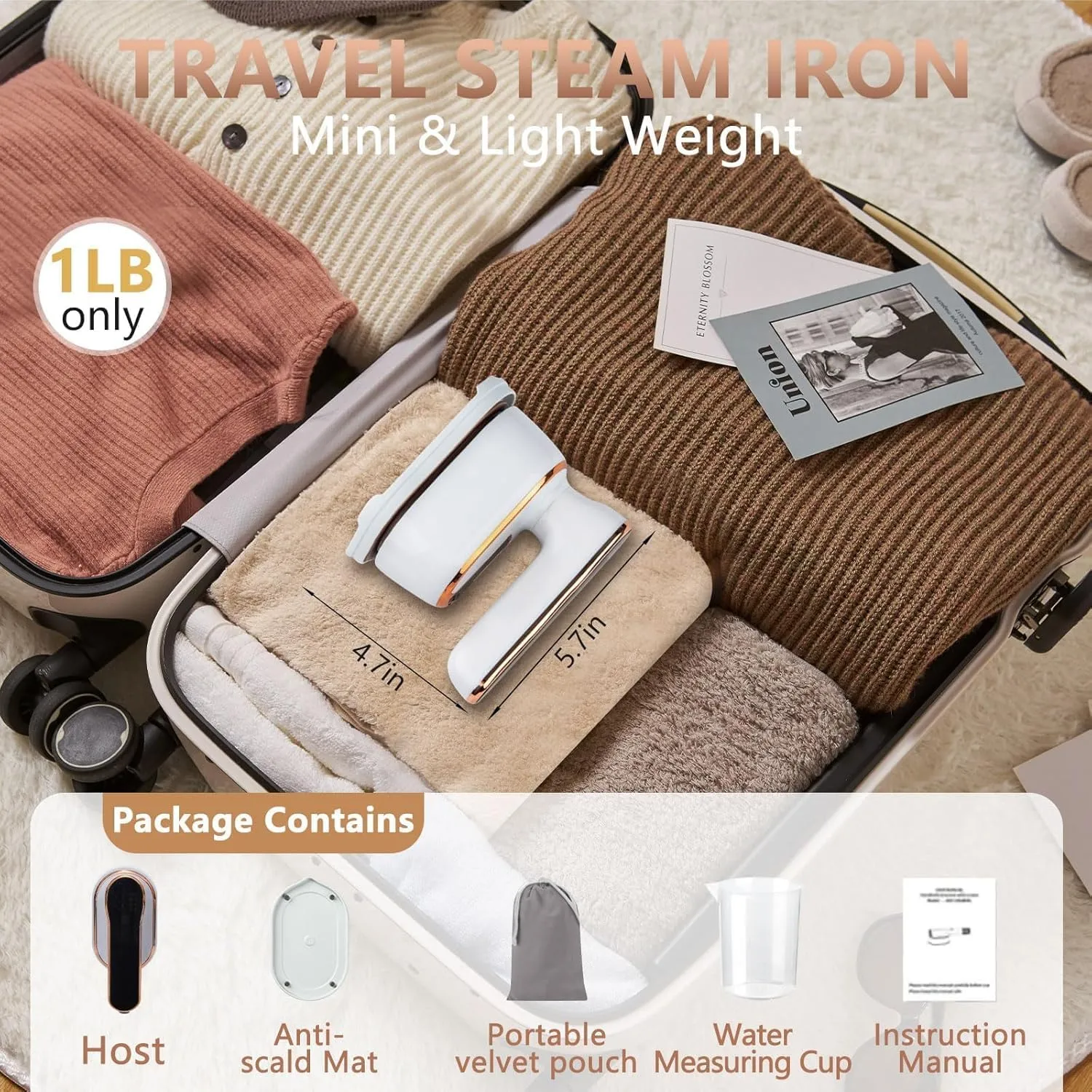 1000w Travel Steamer Iron for Clothes LED Portable Mini Steam Ironing Machine Handheld Small Travel Size Traveling Garment Hand Held Steamer for Clothing Travel Dorm Essentials College Home Room white