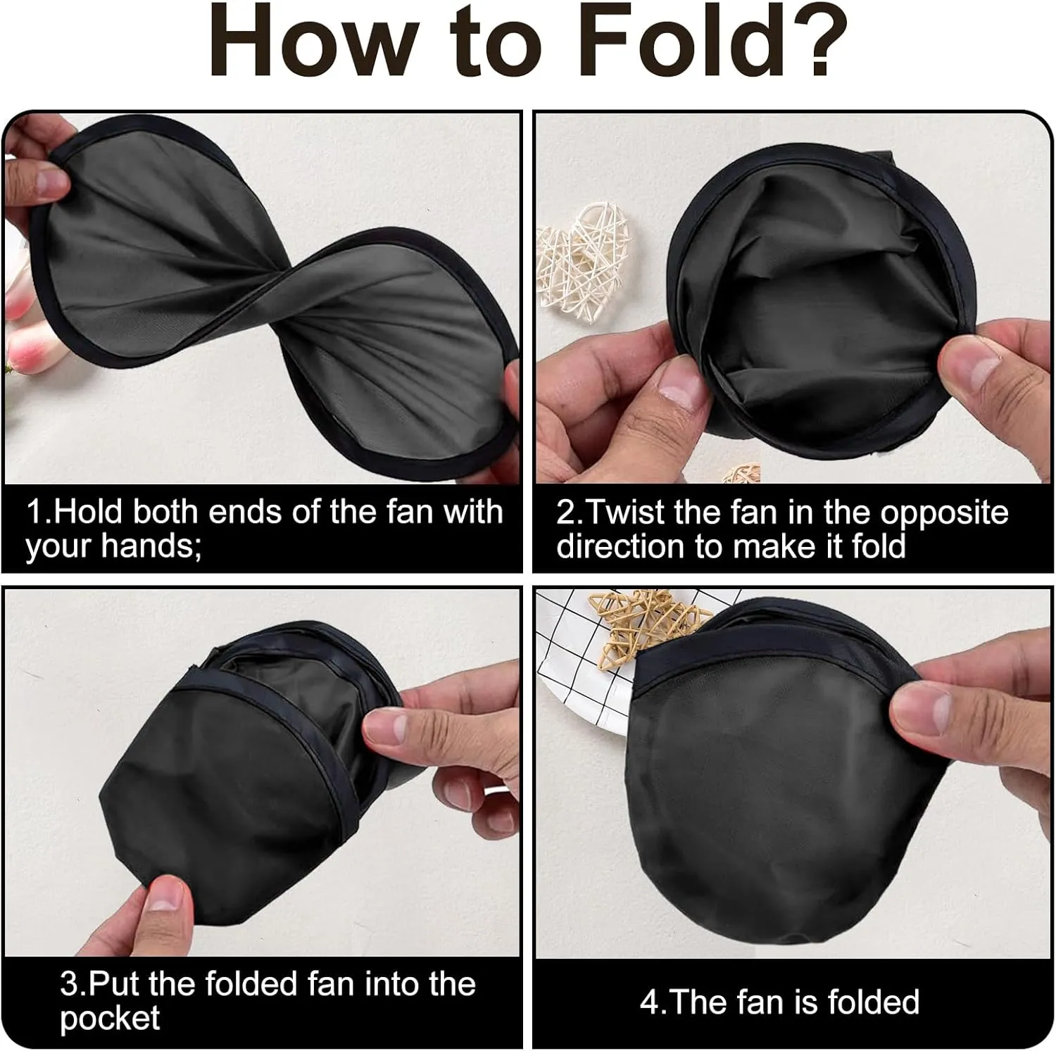 100PCS Foldable Flying Disc Fans with Bags, 9.8'' DIY Handheld Black Egde Fabric Folding Fan for Outdoor Game Activities Birthday Party Favors Gifts, Black