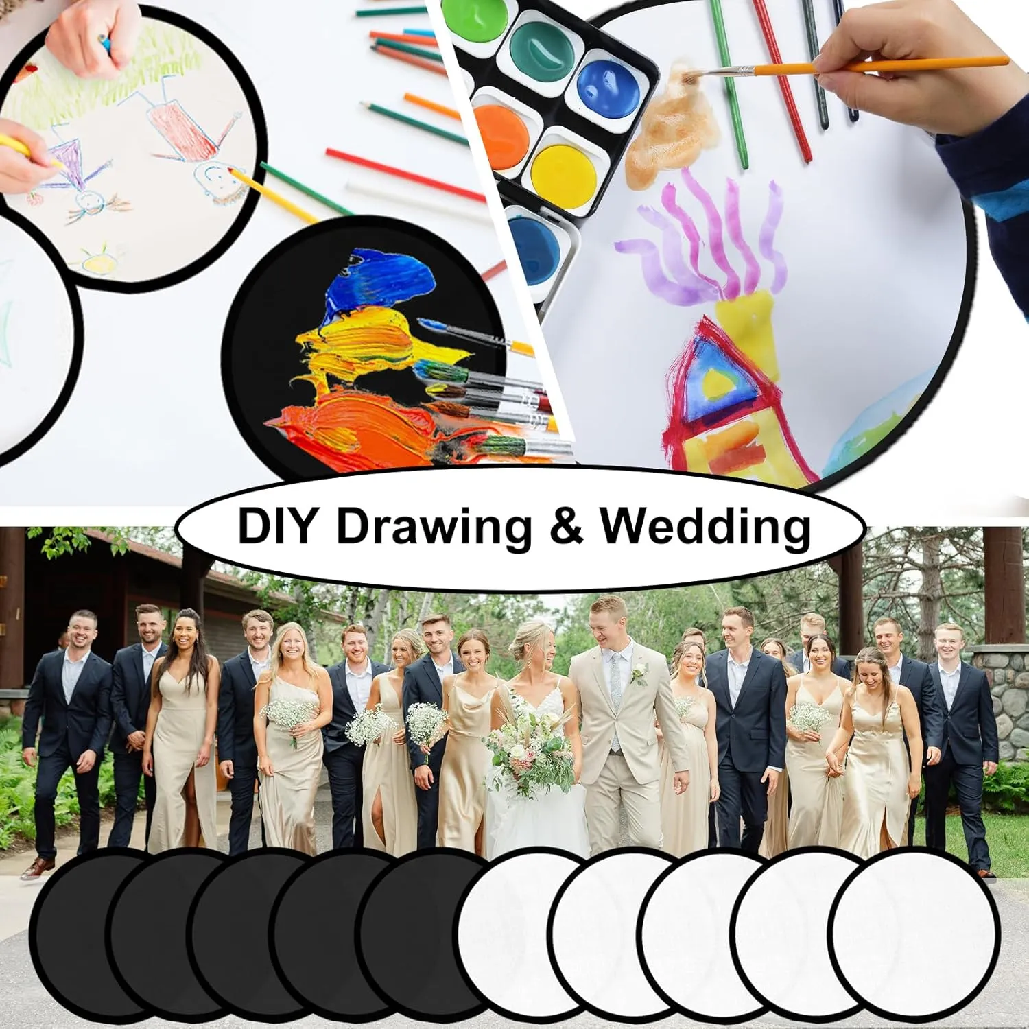 100PCS Foldable Flying Disc Fans with Bags, 9.8'' DIY Handheld Black Egde Fabric Folding Fan for Outdoor Game Activities Birthday Party Favors Gifts, Black