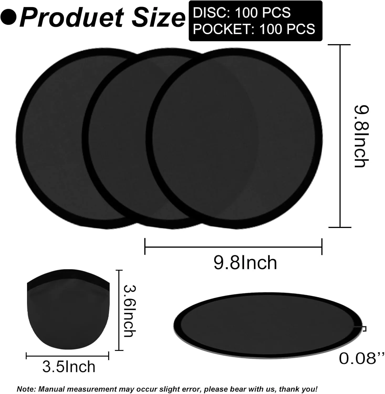 100PCS Foldable Flying Disc Fans with Bags, 9.8'' DIY Handheld Black Egde Fabric Folding Fan for Outdoor Game Activities Birthday Party Favors Gifts, Black