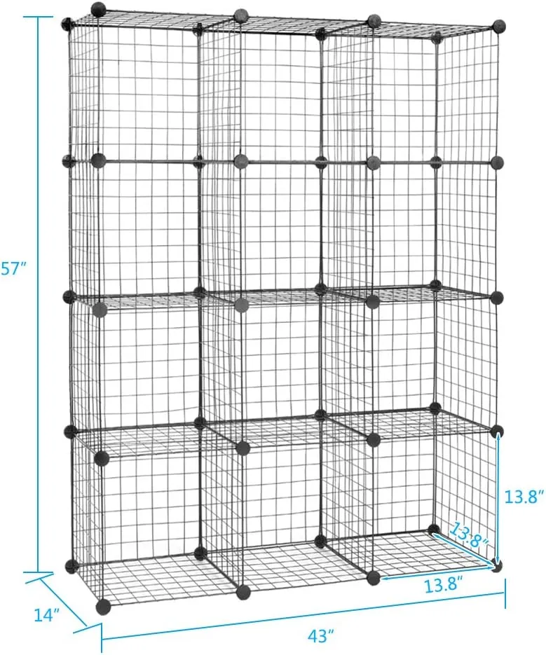 12-Cube Metal Wire Cube Storage with 1 Wooden hammer Stackable Storage Bins, Modular Bookcase, DIY Closet Cabinet Ideal for Living Room Bedroom, Home, Office 43''L x 14''W x 57''H Black(12-Cube)