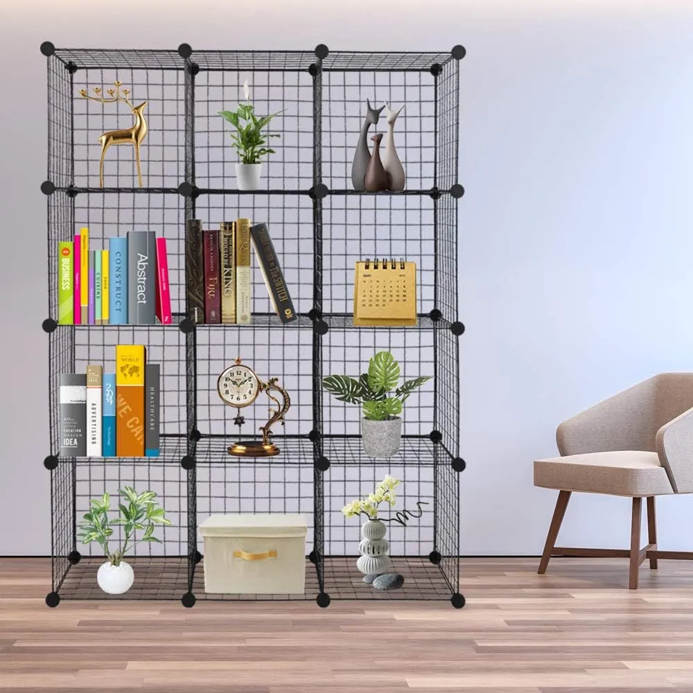 12-Cube Metal Wire Cube Storage with 1 Wooden hammer Stackable Storage Bins, Modular Bookcase, DIY Closet Cabinet Ideal for Living Room Bedroom, Home, Office 43''L x 14''W x 57''H Black(12-Cube)