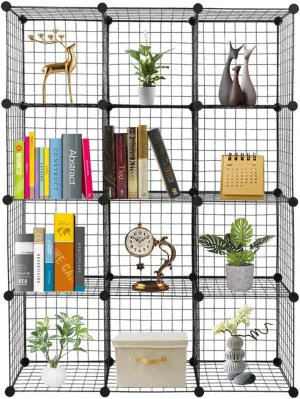 12-Cube Metal Wire Cube Storage with 1 Wooden hammer Stackable Storage Bins, Modular Bookcase, DIY Closet Cabinet Ideal for Living Room Bedroom, Home, Office 43''L x 14''W x 57''H Black(12-Cube)