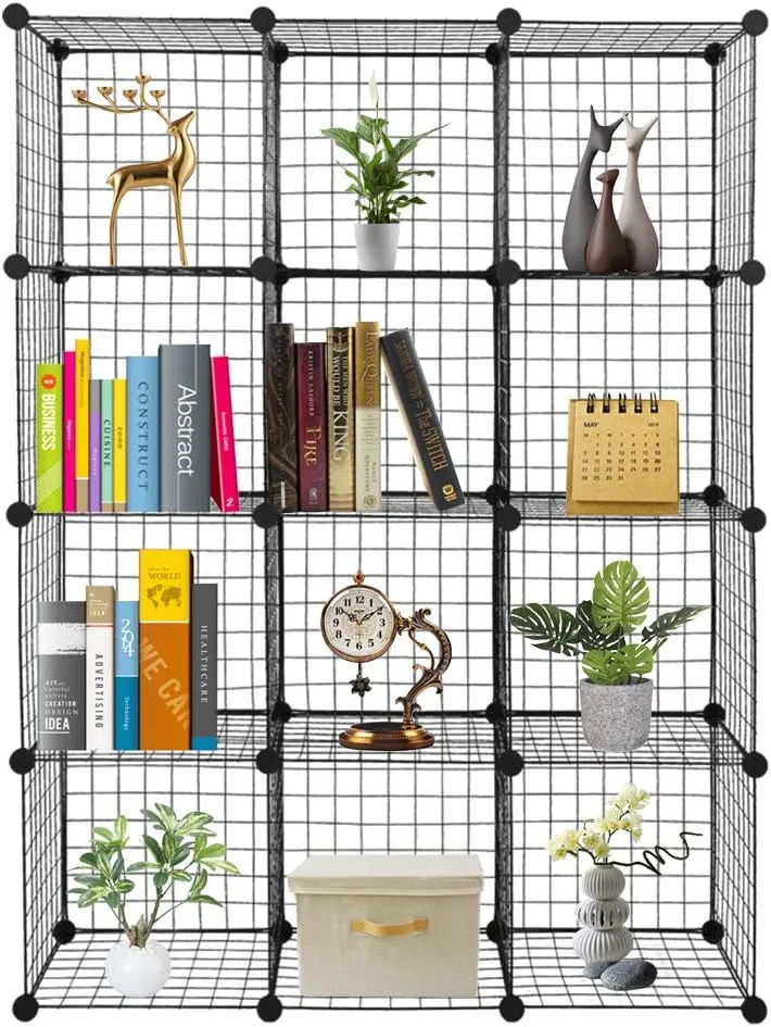12-Cube Metal Wire Cube Storage with 1 Wooden hammer Stackable Storage Bins, Modular Bookcase, DIY Closet Cabinet Ideal for Living Room Bedroom, Home, Office 43''L x 14''W x 57''H Black(12-Cube)