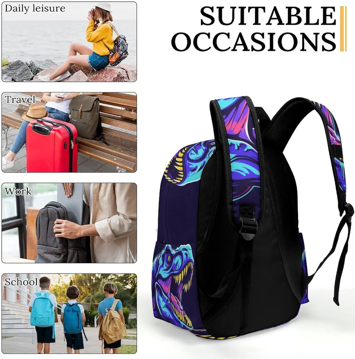 16 Inch Backpack Dinosaur T-Rex Head Laptop Backpack School Bookbag Shoulder Bag Casual Daypack