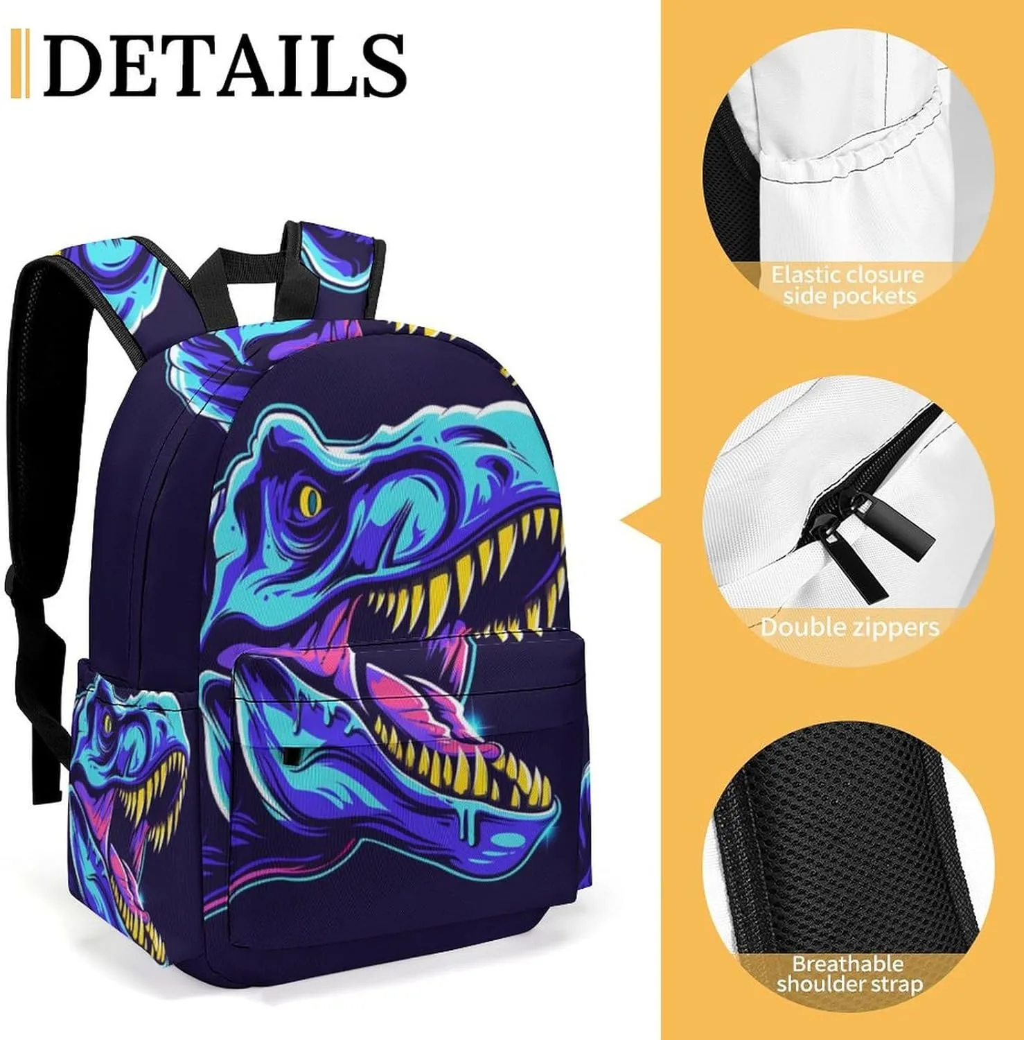 16 Inch Backpack Dinosaur T-Rex Head Laptop Backpack School Bookbag Shoulder Bag Casual Daypack