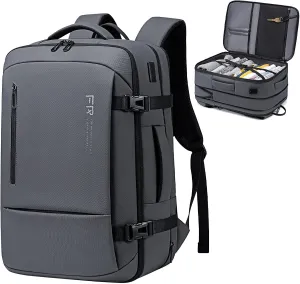 17.3 Inch Travel Laptop Backpack for Men, Water Resistant Carry On Backpack with USB Port, Expandable Computer Daypack, Grey Business Backpack for College/Work