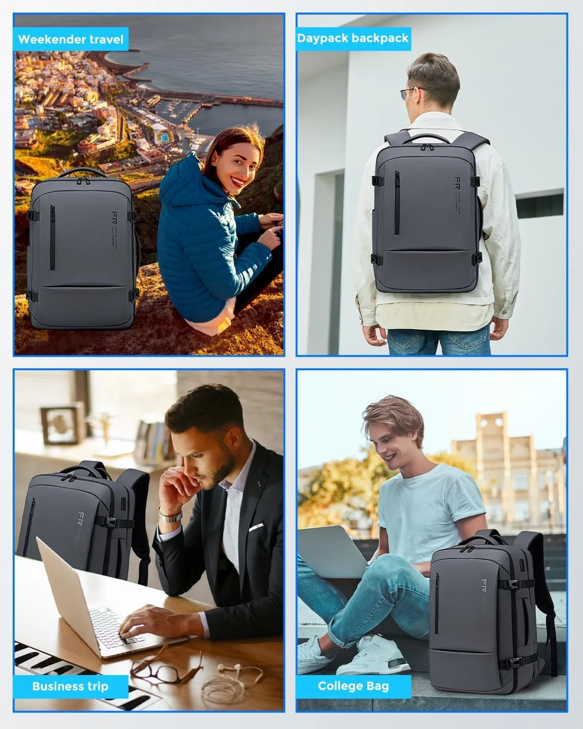 17.3 Inch Travel Laptop Backpack for Men, Water Resistant Carry On Backpack with USB Port, Expandable Computer Daypack, Grey Business Backpack for College/Work