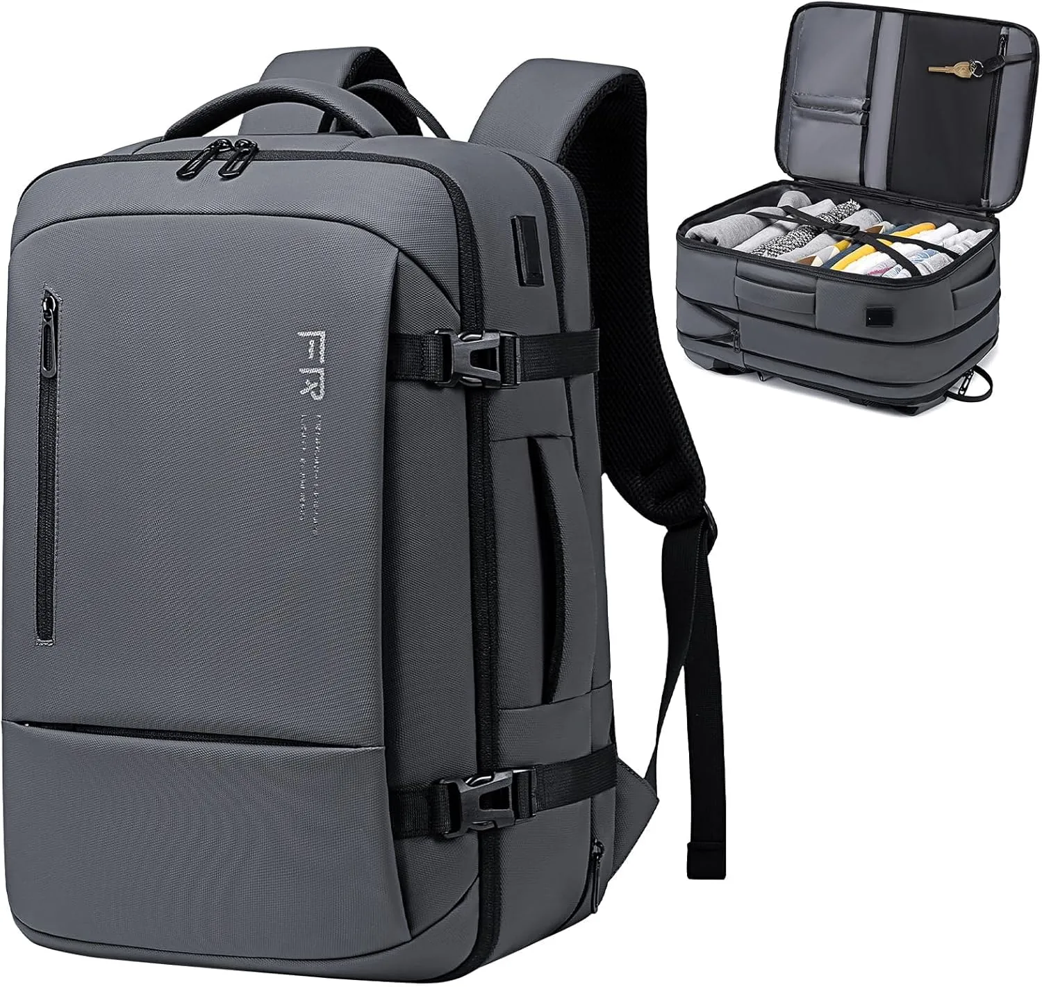 17.3 Inch Travel Laptop Backpack for Men, Water Resistant Carry On Backpack with USB Port, Expandable Computer Daypack, Grey Business Backpack for College/Work