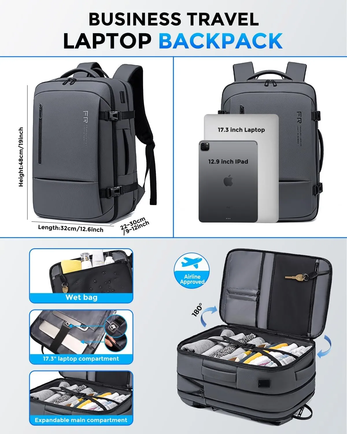 17.3 Inch Travel Laptop Backpack for Men, Water Resistant Carry On Backpack with USB Port, Expandable Computer Daypack, Grey Business Backpack for College/Work