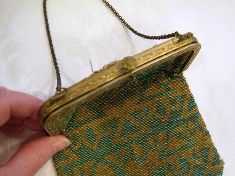1920s Art Deco Egyptian Revival Beaded Flapper Purse French Micro Bead Handbag