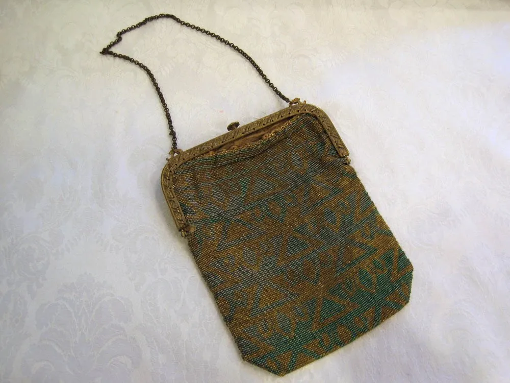 1920s Art Deco Egyptian Revival Beaded Flapper Purse French Micro Bead Handbag