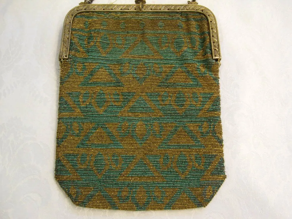 1920s Art Deco Egyptian Revival Beaded Flapper Purse French Micro Bead Handbag