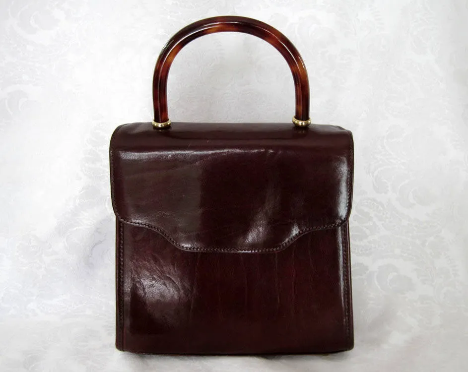 1990s Brahmin Brown Leather Handbag Tortoise Lucite Handle