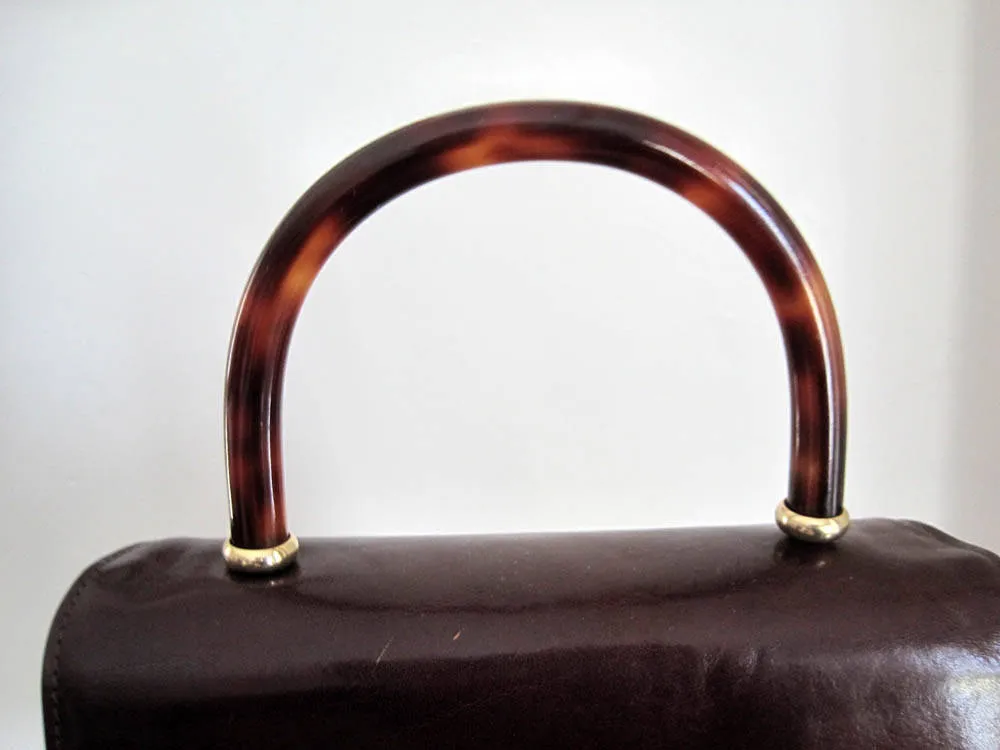 1990s Brahmin Brown Leather Handbag Tortoise Lucite Handle