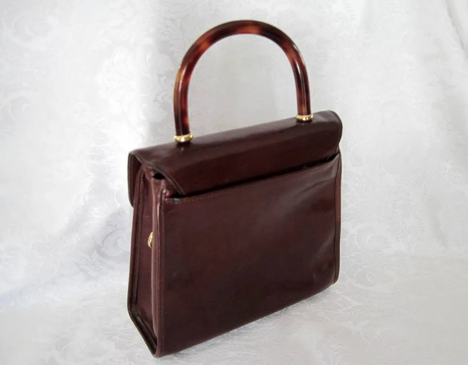 1990s Brahmin Brown Leather Handbag Tortoise Lucite Handle