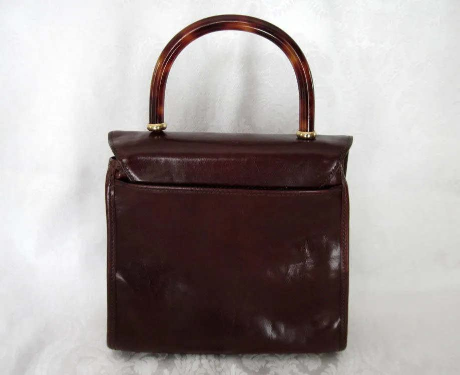 1990s Brahmin Brown Leather Handbag Tortoise Lucite Handle