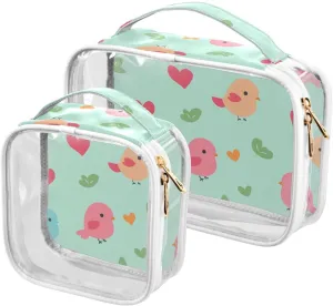 2 Pack clear Happy Valentine's Day Cartoon Bird Green toiletry hanging bag TSA approved waterproof travel makeup bags travel essential