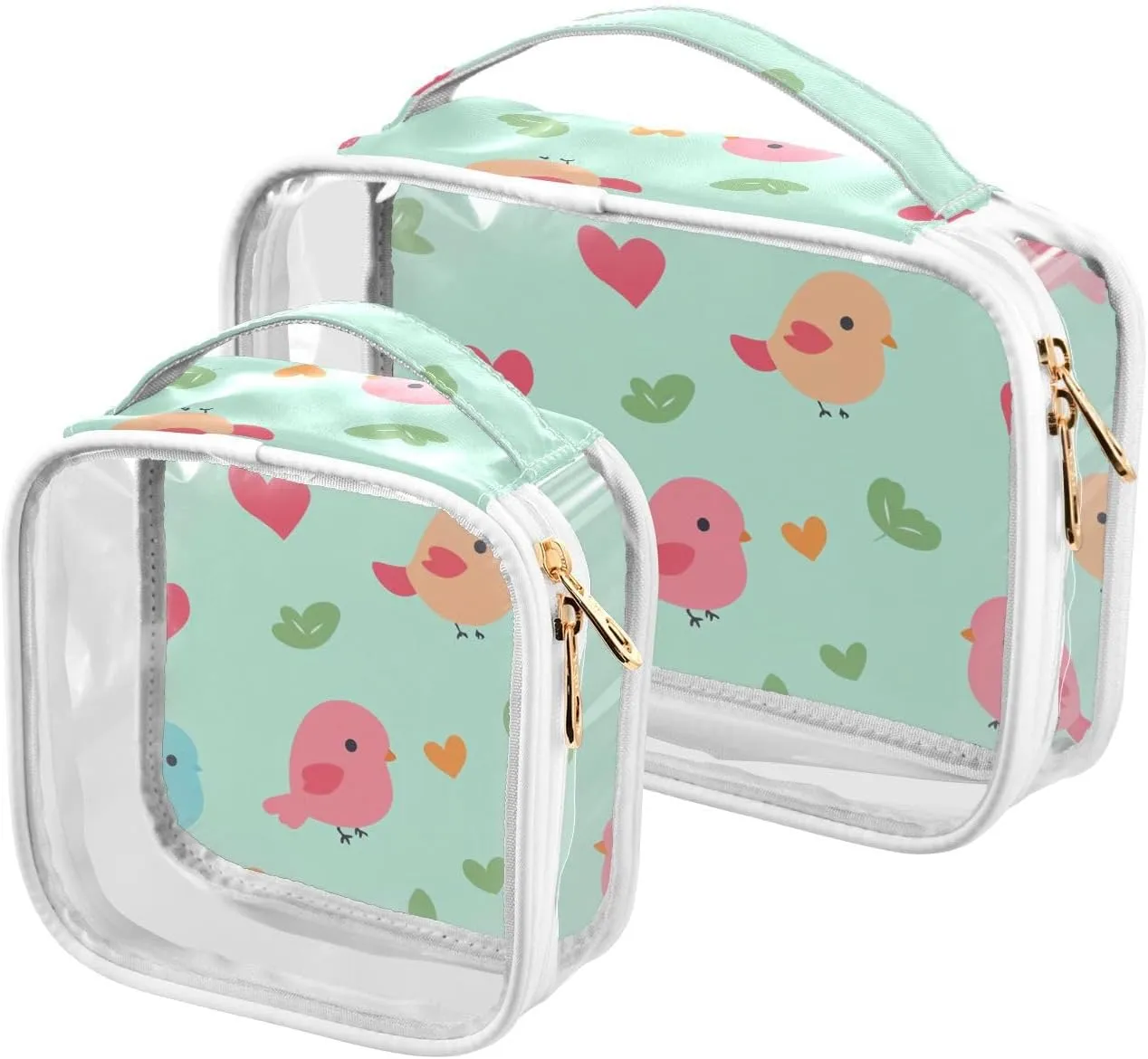 2 Pack clear Happy Valentine's Day Cartoon Bird Green toiletry hanging bag TSA approved waterproof travel makeup bags travel essential