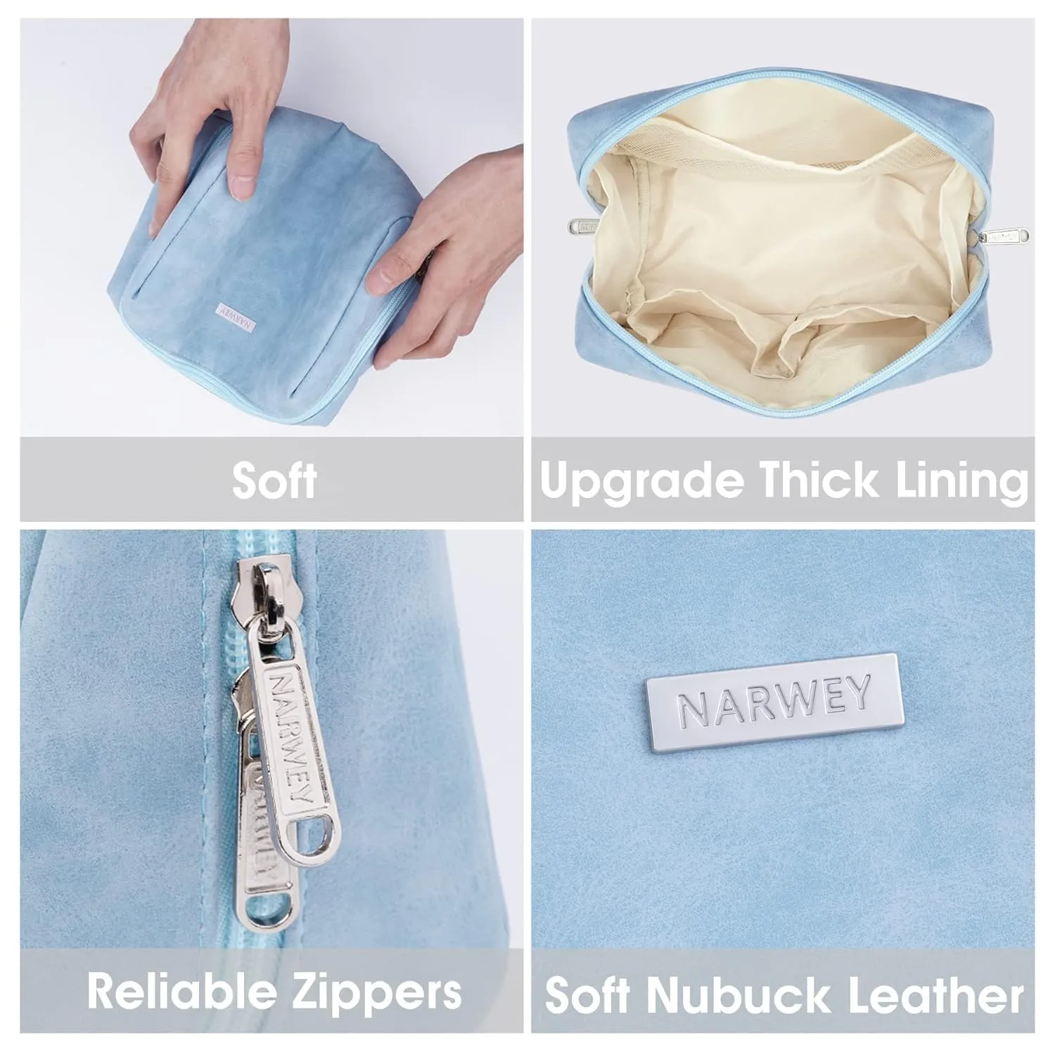2 Pack Vegan Leather Makeup Bag Zipper Pouch Travel Cosmetic Organizer for Women (Large (Pack of 2), Sky Blue)
