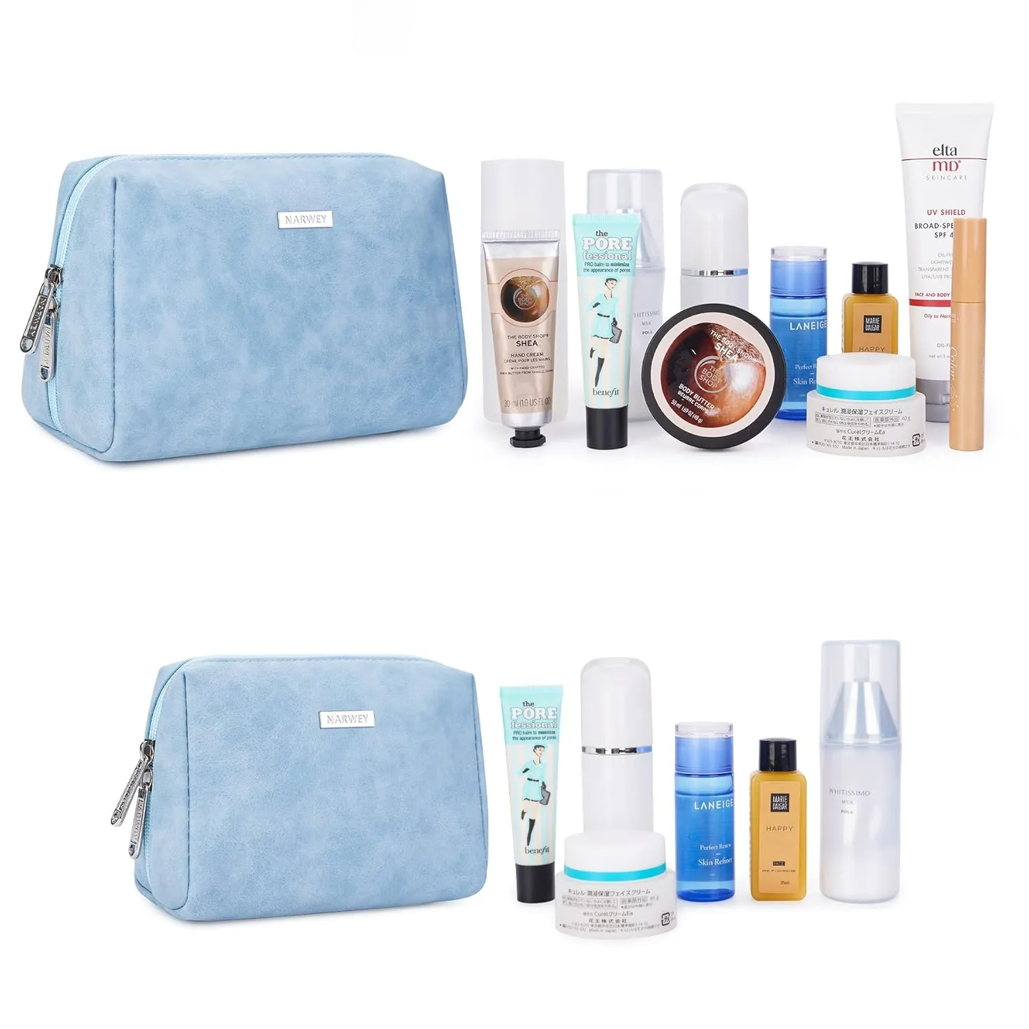 2 Pack Vegan Leather Makeup Bag Zipper Pouch Travel Cosmetic Organizer for Women (Large (Pack of 2), Sky Blue)