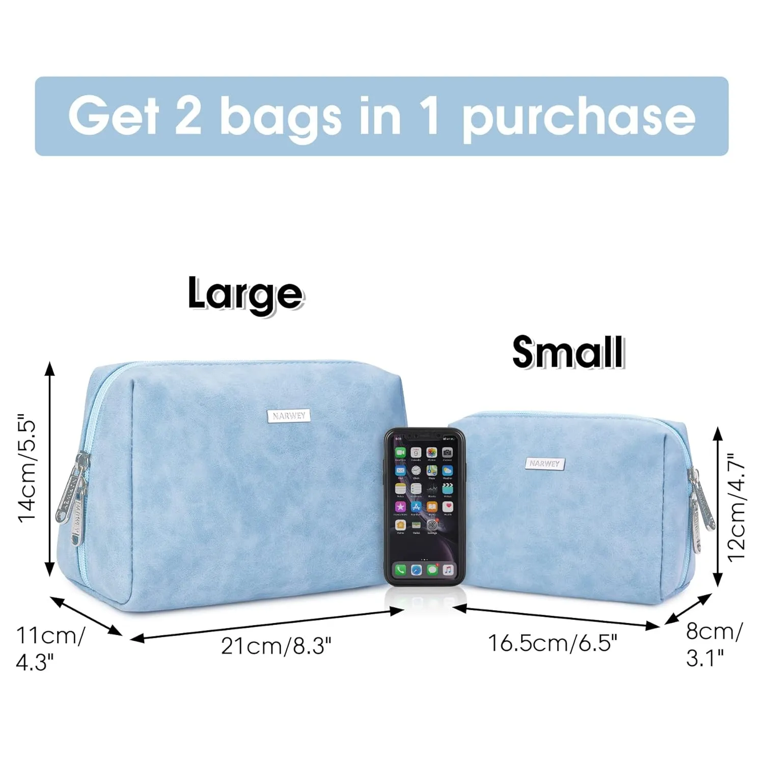 2 Pack Vegan Leather Makeup Bag Zipper Pouch Travel Cosmetic Organizer for Women (Large (Pack of 2), Sky Blue)