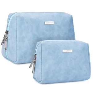 2 Pack Vegan Leather Makeup Bag Zipper Pouch Travel Cosmetic Organizer for Women (Large (Pack of 2), Sky Blue)