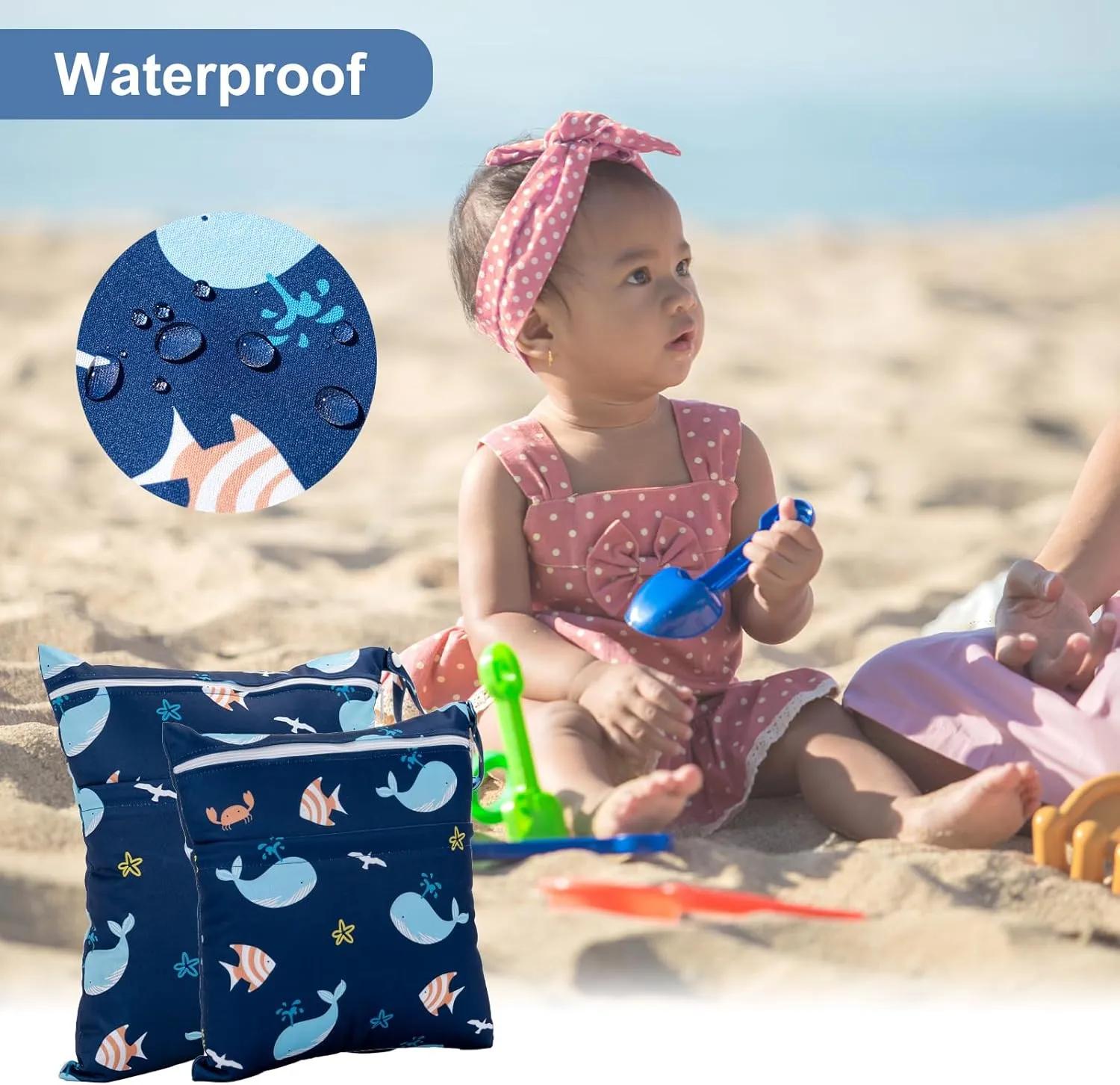 2 Pack Wet Dry Bags Waterproof Washable Travel Bags, Wet Bag with 2 Zippered Pockets for Diapers, Daycare, Bathing, Travel, Beach, Swimwear, Yoga Gym