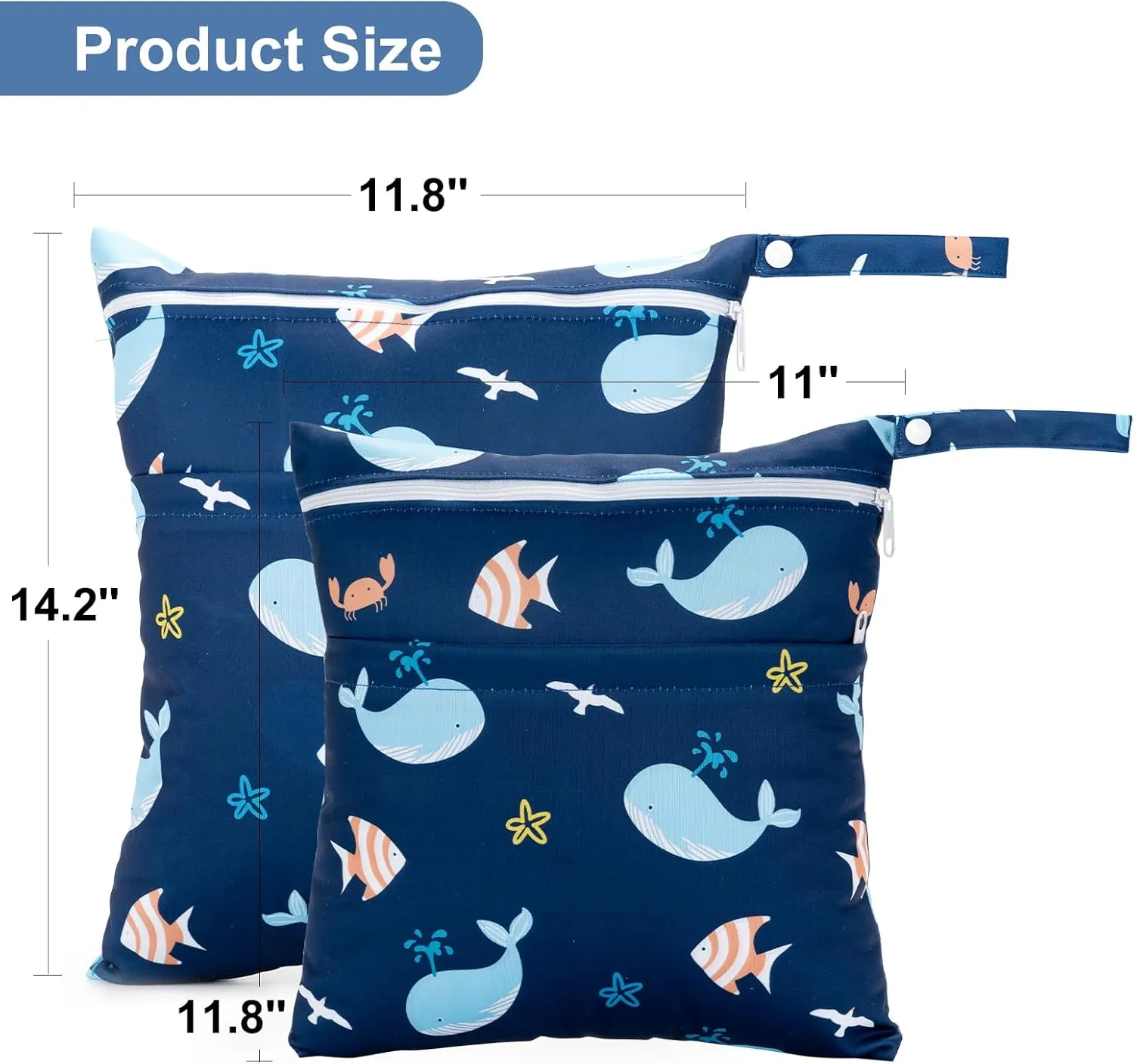 2 Pack Wet Dry Bags Waterproof Washable Travel Bags, Wet Bag with 2 Zippered Pockets for Diapers, Daycare, Bathing, Travel, Beach, Swimwear, Yoga Gym