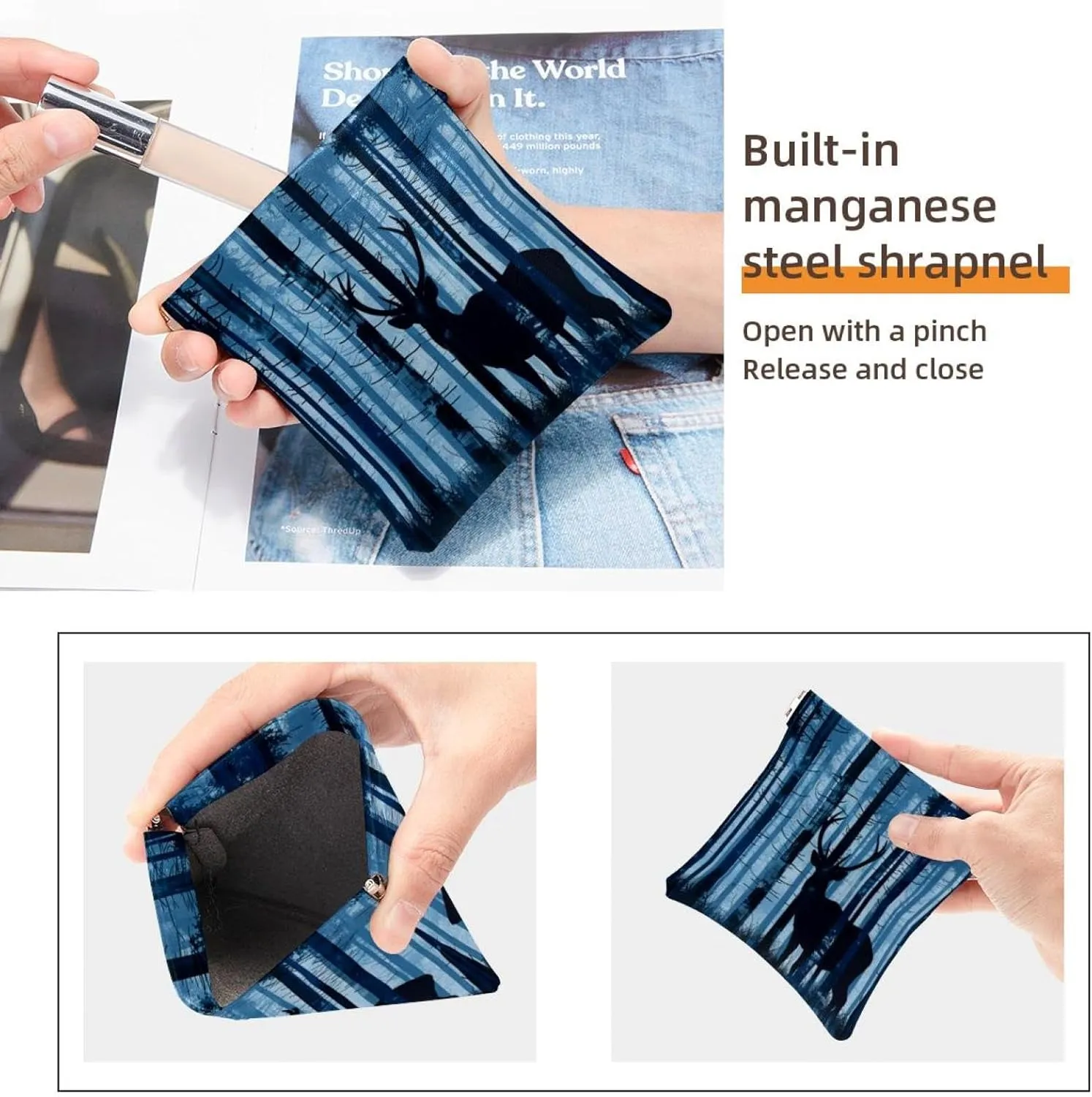 2 Piece Faux Leather Pocket Box, Small Makeup Pouch, Portable Travel Makeup Bag for Women, Travel Makeup Bag for Cosmetics Jewelry, Forest Elk Animal Navy Blue