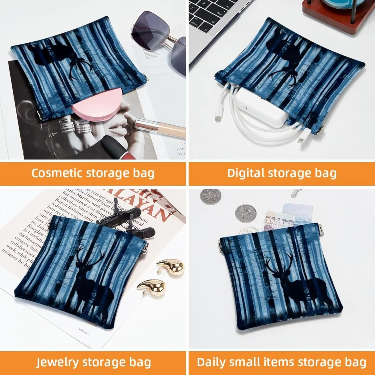 2 Piece Faux Leather Pocket Box, Small Makeup Pouch, Portable Travel Makeup Bag for Women, Travel Makeup Bag for Cosmetics Jewelry, Forest Elk Animal Navy Blue
