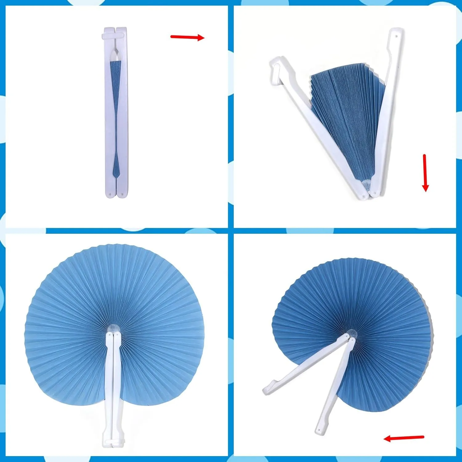20 Pieces Decorative Paper Folding Hand Fans Handheld,Blue Round Wedding Foldable Fans Chinese and Japanese Fans Bulk for Bridal Guest Church Party Favors Dancing Birthday DIY