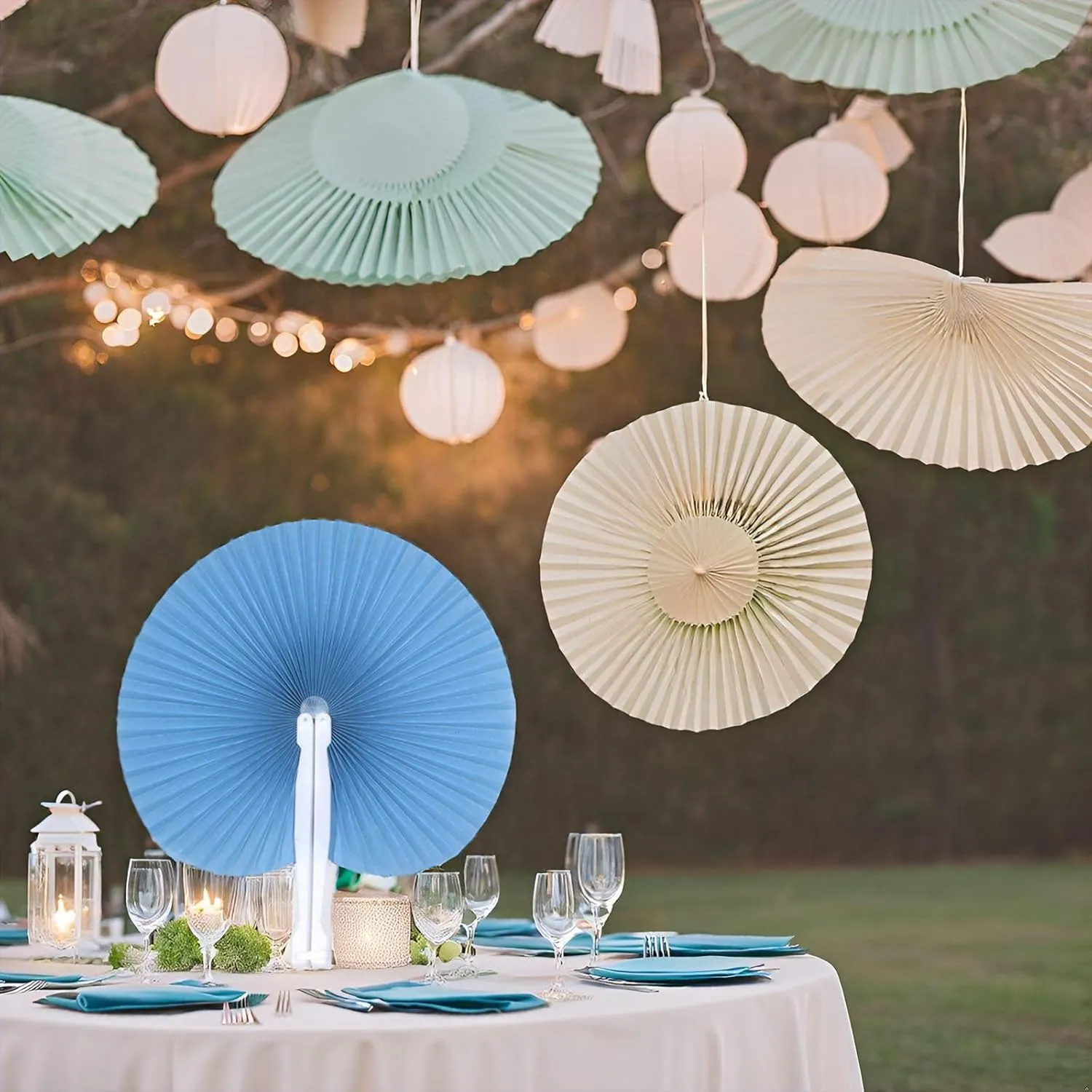 20 Pieces Decorative Paper Folding Hand Fans Handheld,Blue Round Wedding Foldable Fans Chinese and Japanese Fans Bulk for Bridal Guest Church Party Favors Dancing Birthday DIY