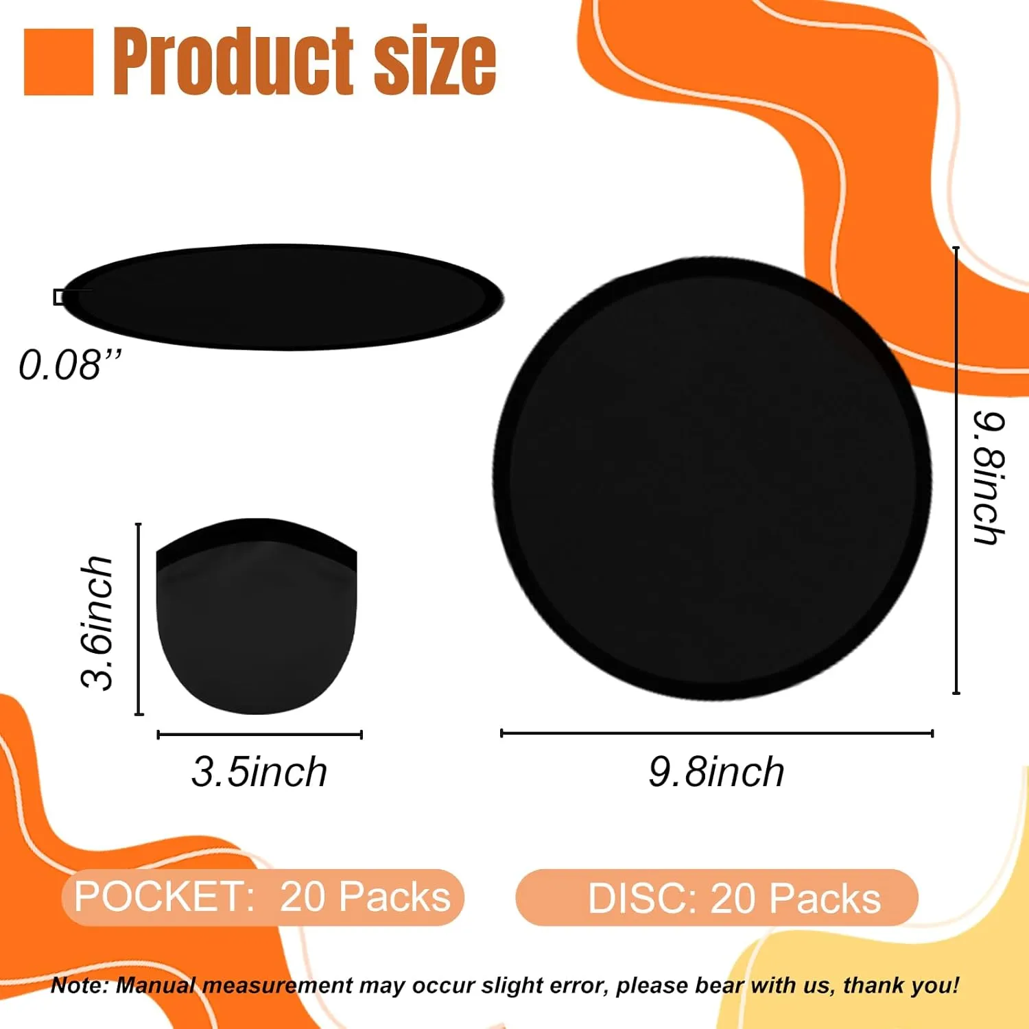 20PCS Foldable Flying Disc Fans with Bags, 9.8'' DIY Handheld Black Egde Fabric Folding Fan for Outdoor Game Activities Birthday Party Favors Gifts New Year, Black