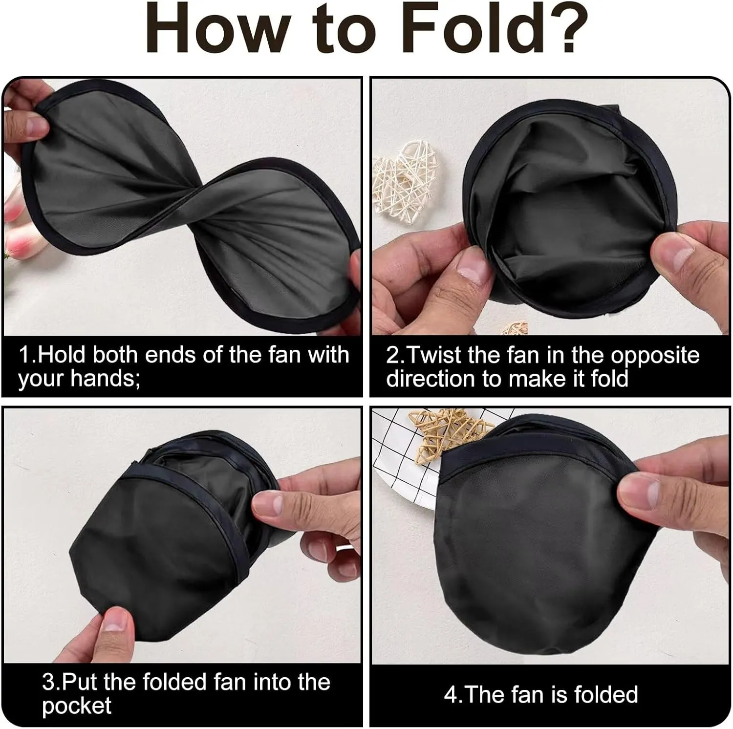 20PCS Foldable Flying Disc Fans with Bags, 9.8'' DIY Handheld Black Egde Fabric Folding Fan for Outdoor Game Activities Birthday Party Favors Gifts New Year, Black