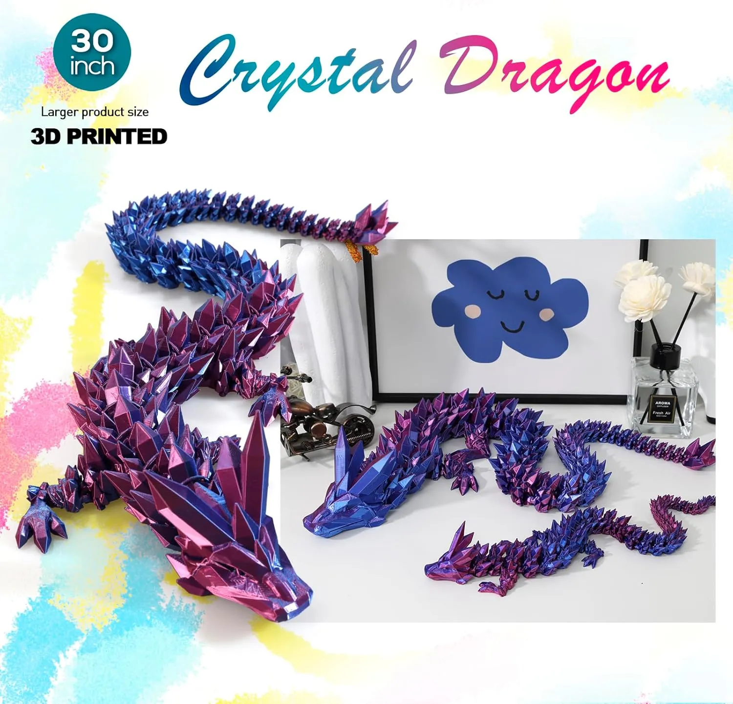 24 ”Large 3D Dragon,Crystal Dragon Toy,3D Printed Gift for Festival,Home Decoration, Executive Desk Decorations