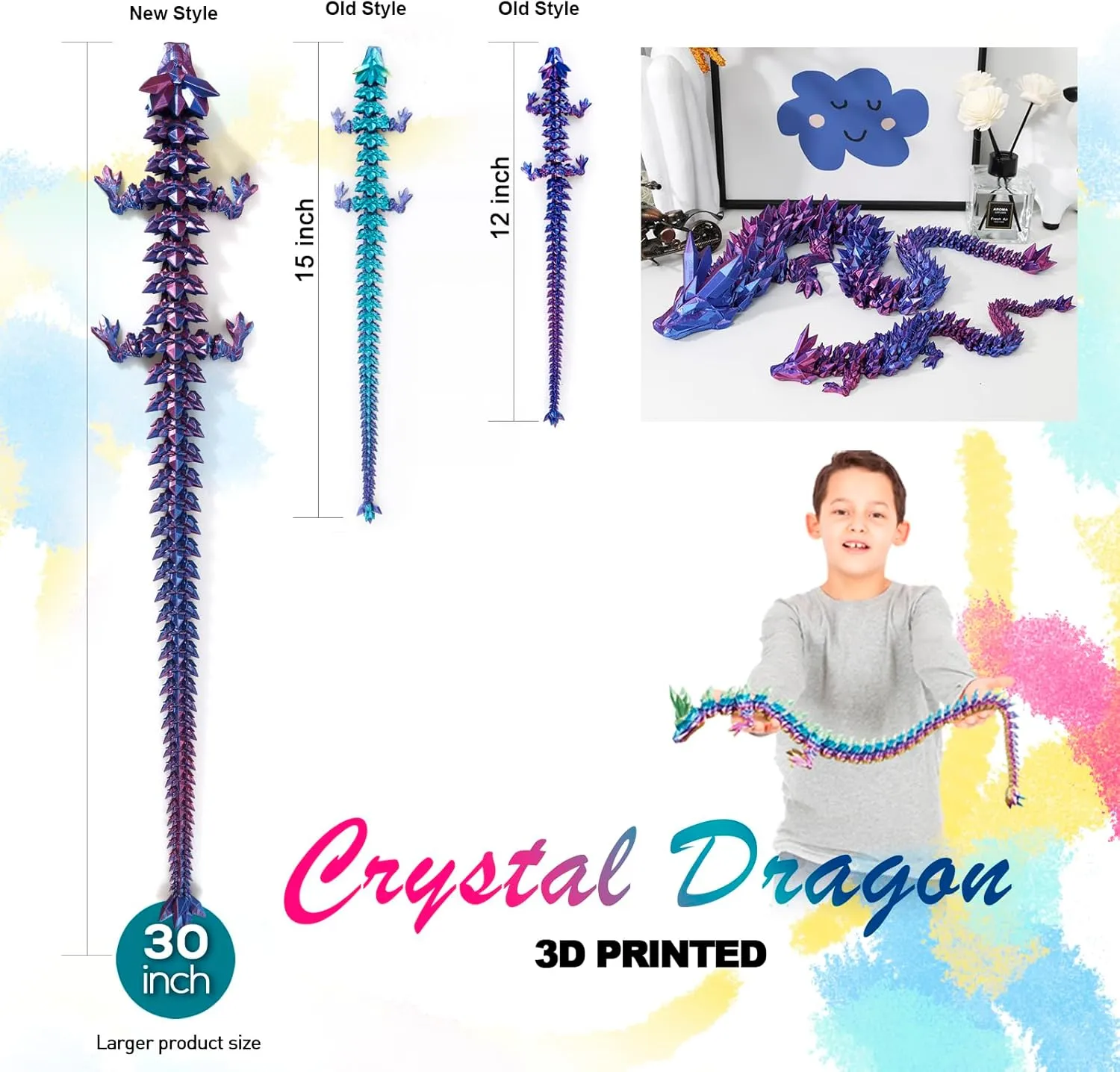24 ”Large 3D Dragon,Crystal Dragon Toy,3D Printed Gift for Festival,Home Decoration, Executive Desk Decorations
