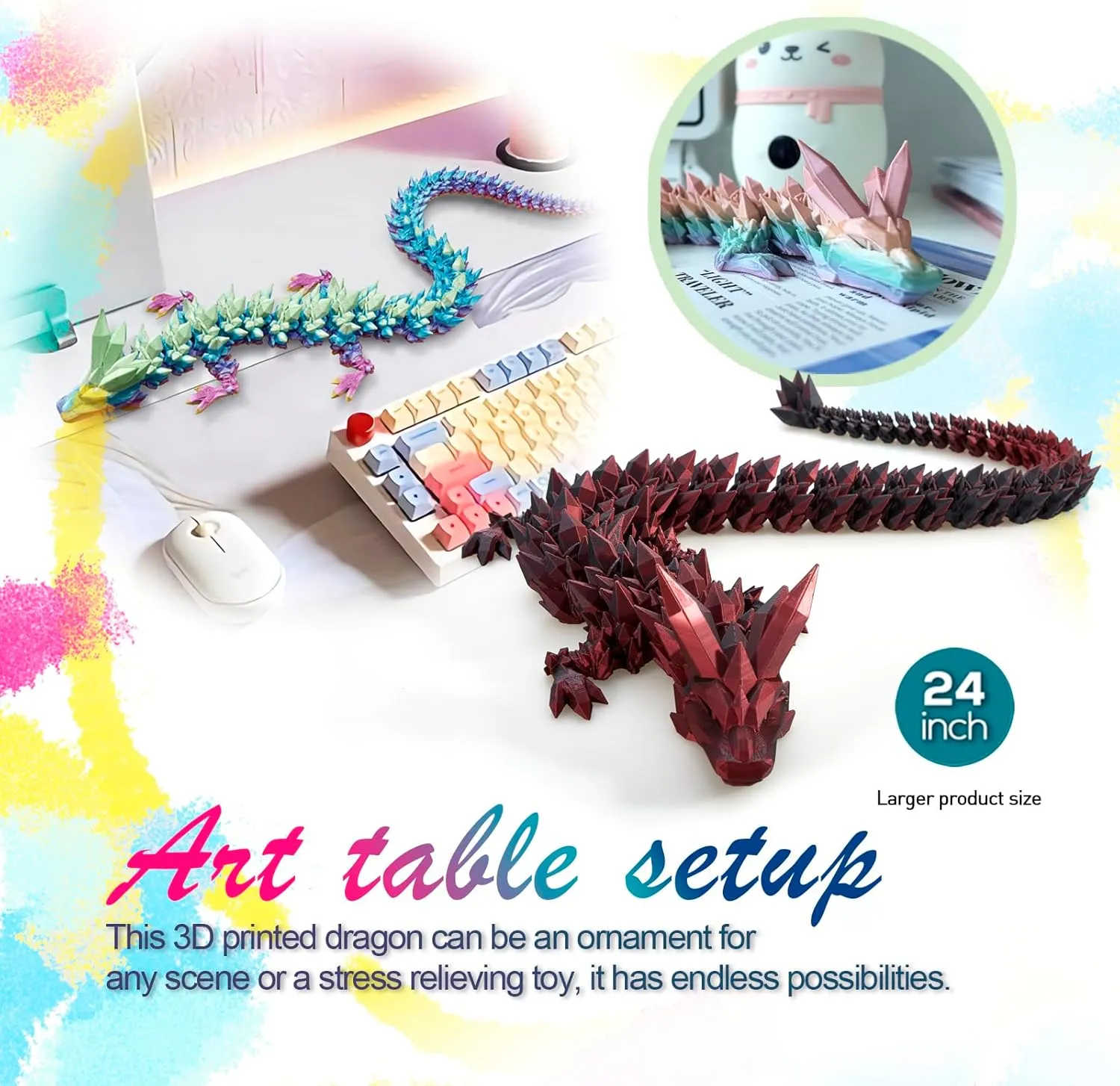 24 ”Large 3D Dragon,Flexible Articulated Dragon,Crystal Dragon Toy,3D Printed Gift for Festival,Home Decoration, Executive Desk Decorations