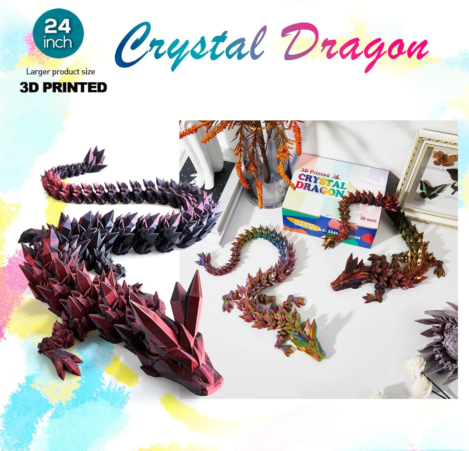 24 ”Large 3D Dragon,Flexible Articulated Dragon,Crystal Dragon Toy,3D Printed Gift for Festival,Home Decoration, Executive Desk Decorations