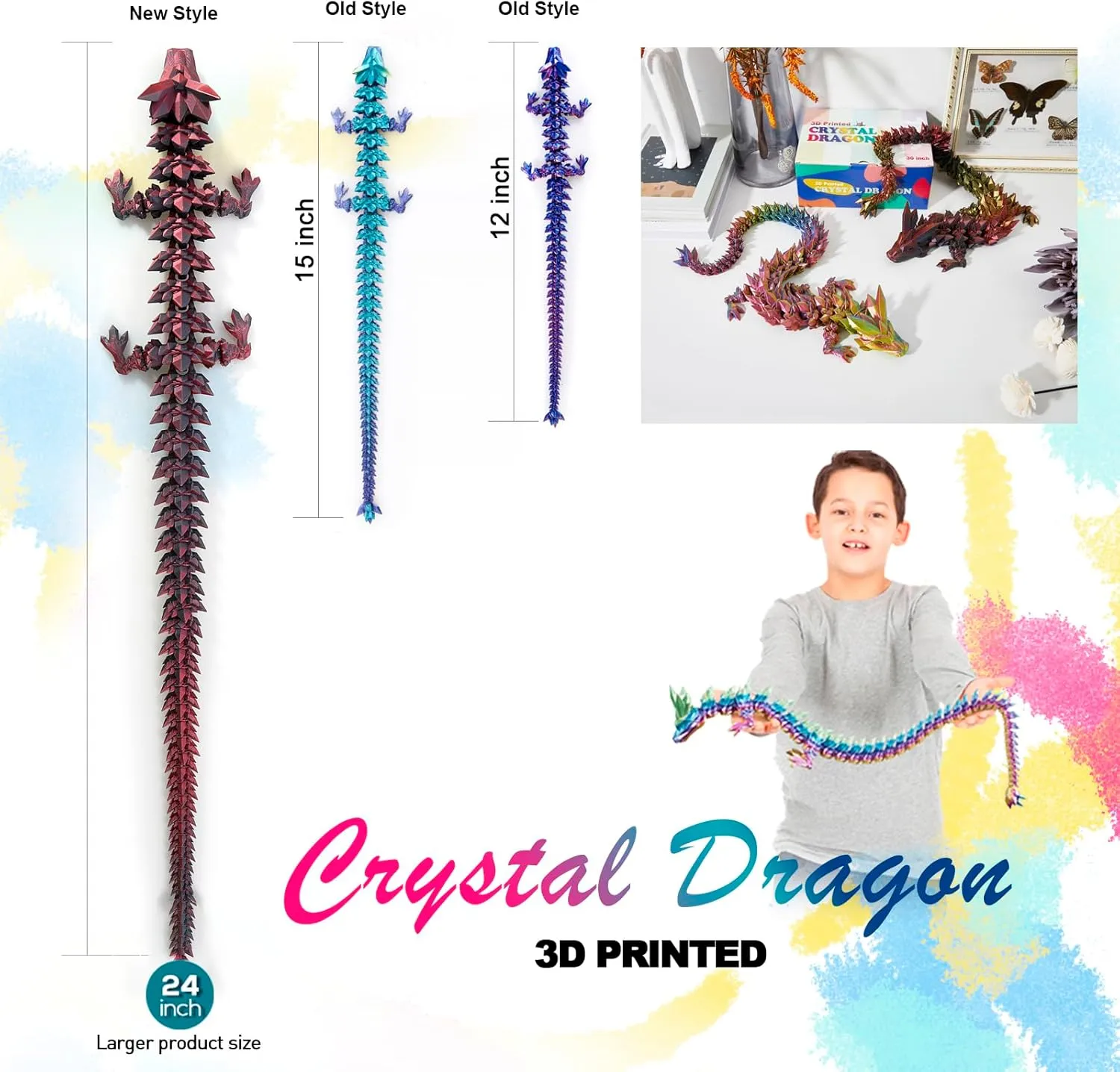 24 ”Large 3D Dragon,Flexible Articulated Dragon,Crystal Dragon Toy,3D Printed Gift for Festival,Home Decoration, Executive Desk Decorations