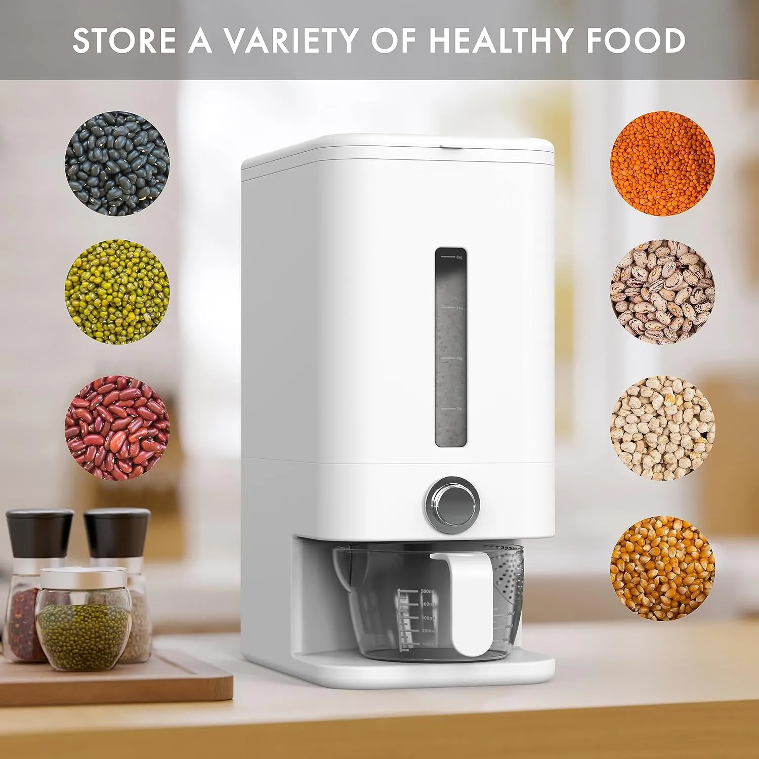 25lb Rice Dispenser - Air Tight Grain & Rice Container With Easy To Use Dispensing, Measuring Cup, & Sponge - NEW White Design Grain Storage Container