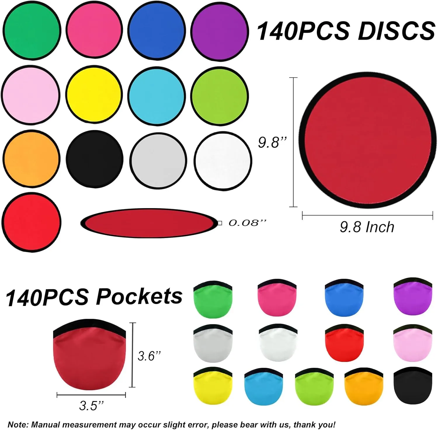 28/56/140 PCS Foldable Flying Disc Fans with Bags, 9.8'' DIY Handheld Black Egde Fabric Folding Fan for Outdoor Game Activities Birthday Party Favors Gifts, 14 Colors