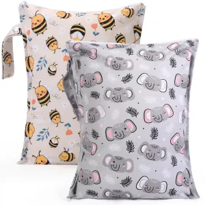 2pcs Baby Diaper Mess-proof Wet Bags,Waterproof Reusable Travel Storage Stroller Daycare Soiled Items Beach Pool Yoga Gym Bag for Wet Toddler Swimsuits -Bee,Elephant
