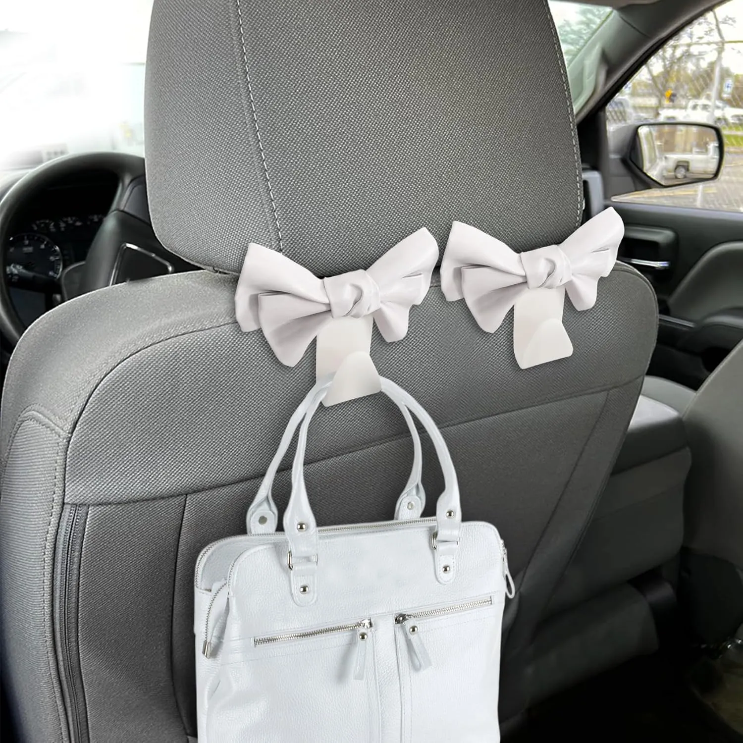 2PCS Car Purse Hook for Car Hooks for Purses and Bags, Car Seat Back Hook, Cute Bow Car Seat Headrest Hook, Car Interior Decoration Accessories Automotive Purse Hook Hanger Fit SUV (White)