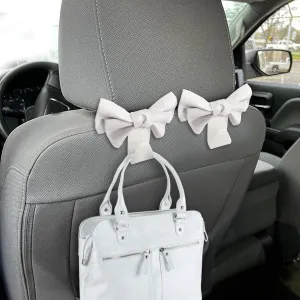 2PCS Car Purse Hook for Car Hooks for Purses and Bags, Car Seat Back Hook, Cute Bow Car Seat Headrest Hook, Car Interior Decoration Accessories Automotive Purse Hook Hanger Fit SUV (White)