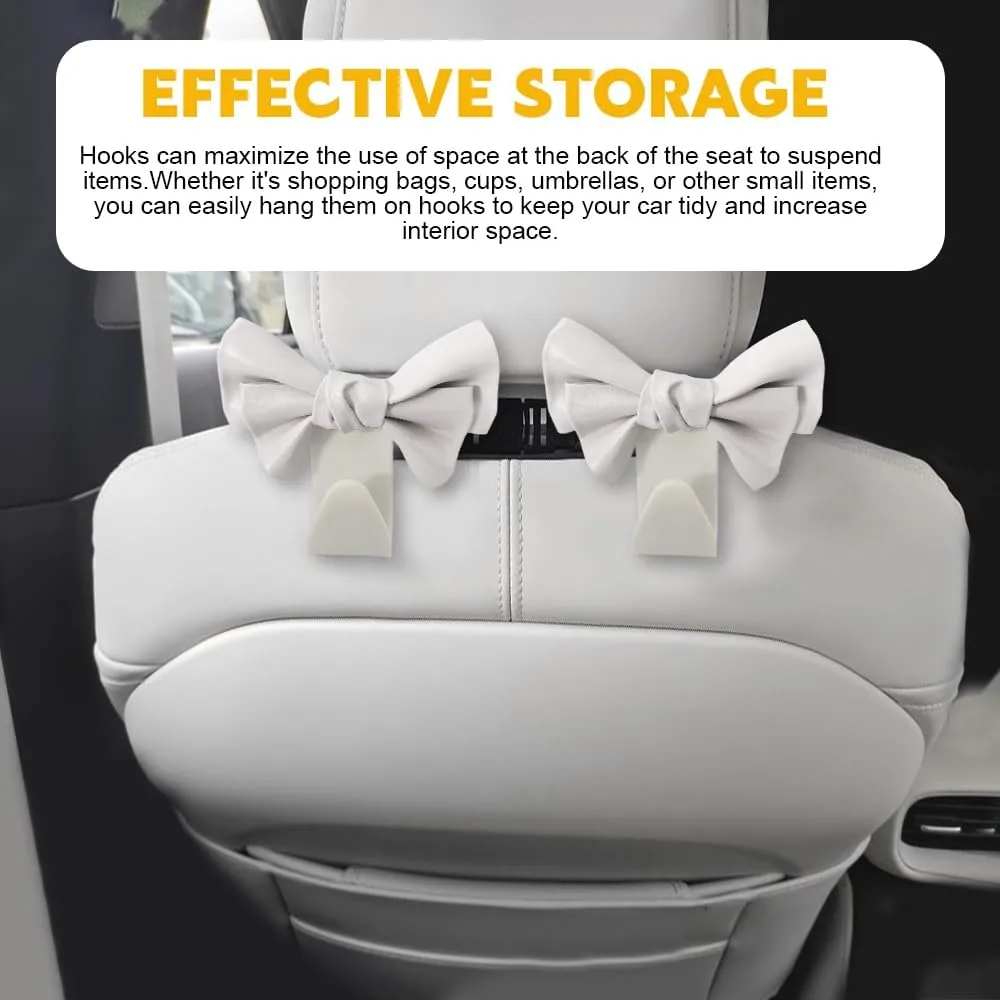 2PCS Car Purse Hook for Car Hooks for Purses and Bags, Car Seat Back Hook, Cute Bow Car Seat Headrest Hook, Car Interior Decoration Accessories Automotive Purse Hook Hanger Fit SUV (White)